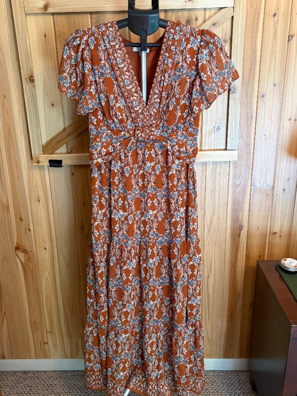 MAX STUDIO Terracotta Bohemian Floral Print Maxi Dress Flutter Sleeves Size Lg